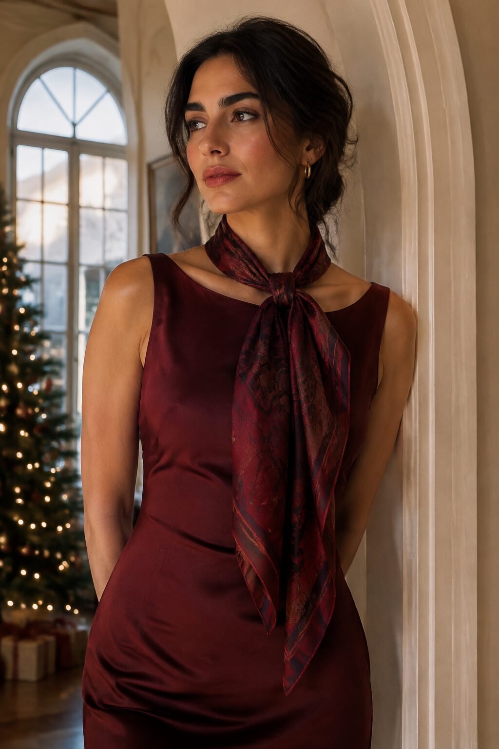 burgundy silk scarf knotted at the neck over a fitted burgundy sheath dress, a christmas eve church service outfit