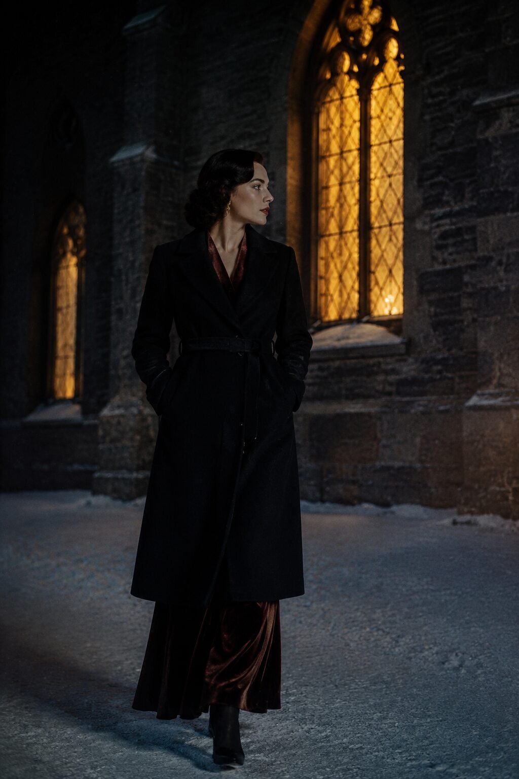 dark christmas outfit idea: velvet dress under a black wool coat for midnight mass