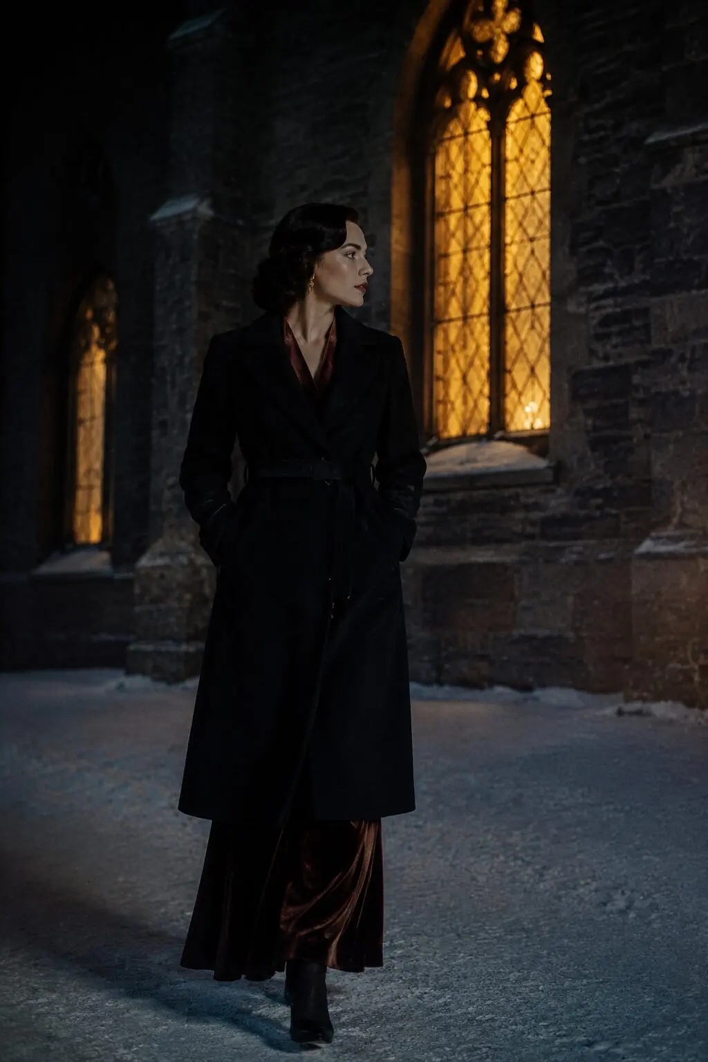 dark christmas outfit idea: velvet dress under a black wool coat for midnight mass