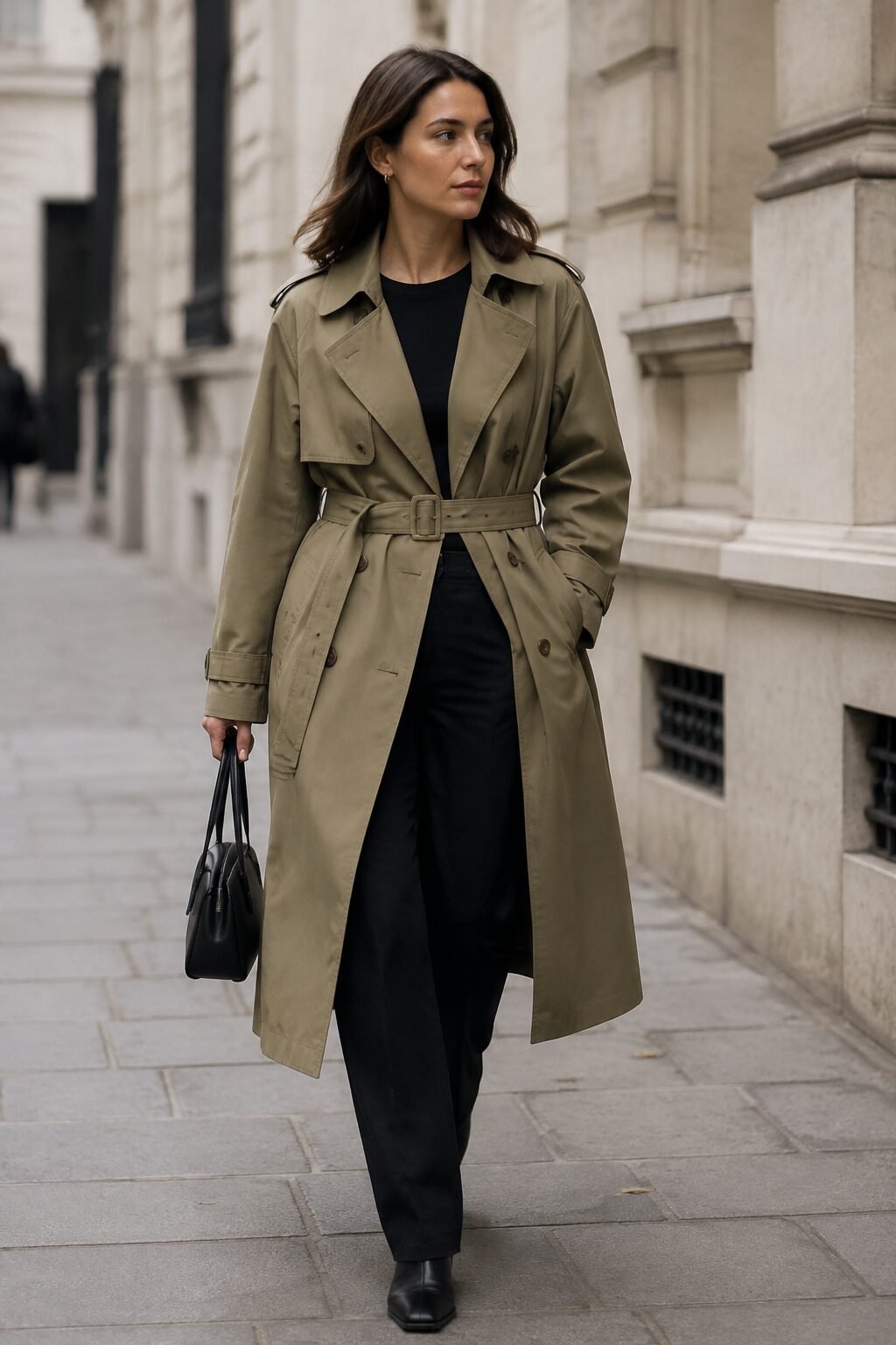 carolyn bessette kennedy outfit idea: khaki trench coat layered over black straight-leg trousers