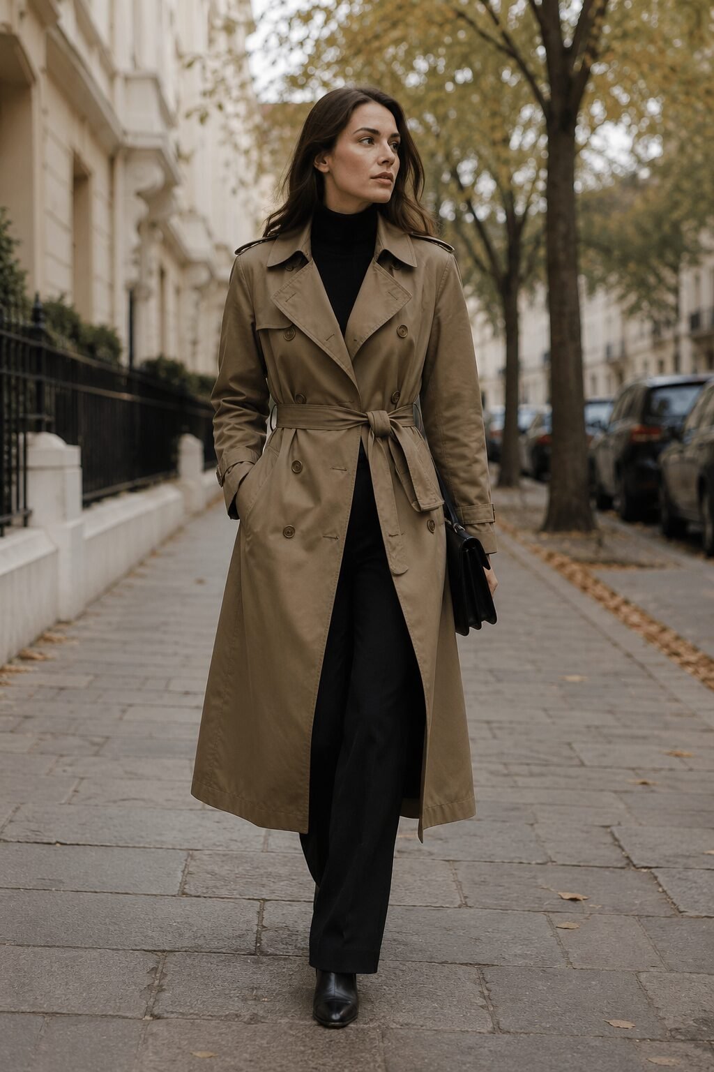 carolyn bessette kennedy inspired fall outfit: khaki trench coat over a black turtleneck and tailored trouser