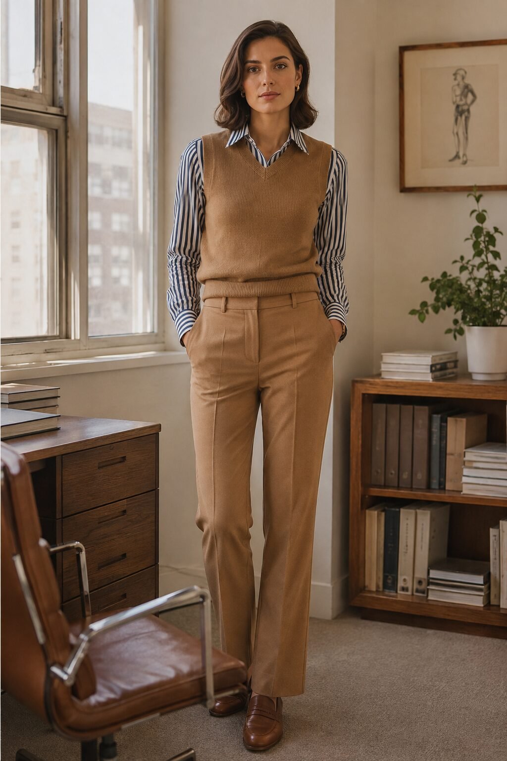 fall capsule outfit formula: camel knit vest layered over a navy and white button-down shirt with tailored trousers