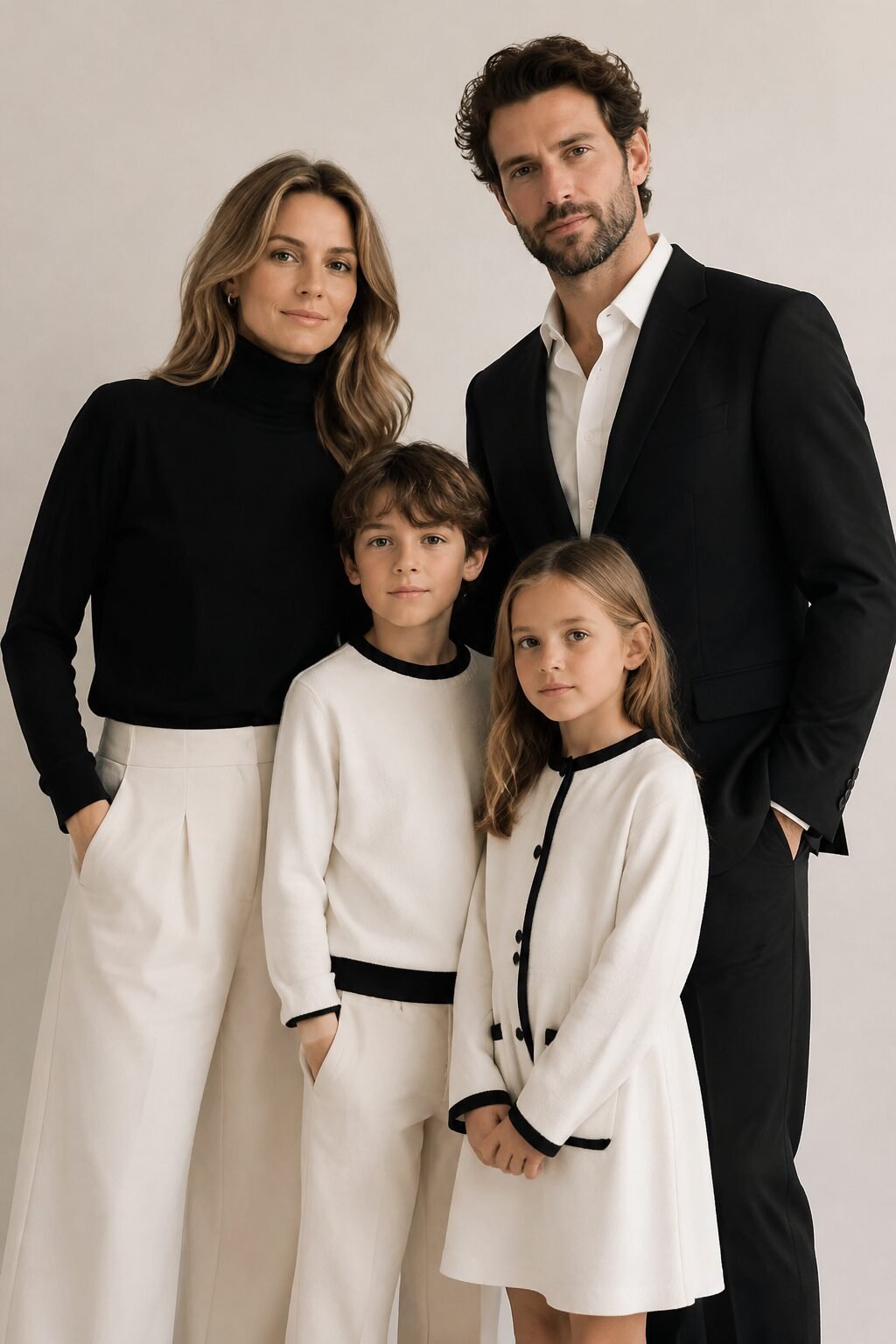 formal family christmas outfits in black and white, coordinated by ratio not matching pieces