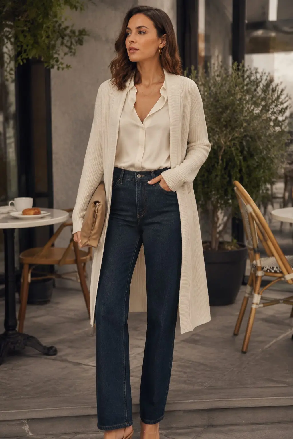 cream longline cardigan open over ivory silk blouse and indigo jeans, fall capsule wardrobe outfit