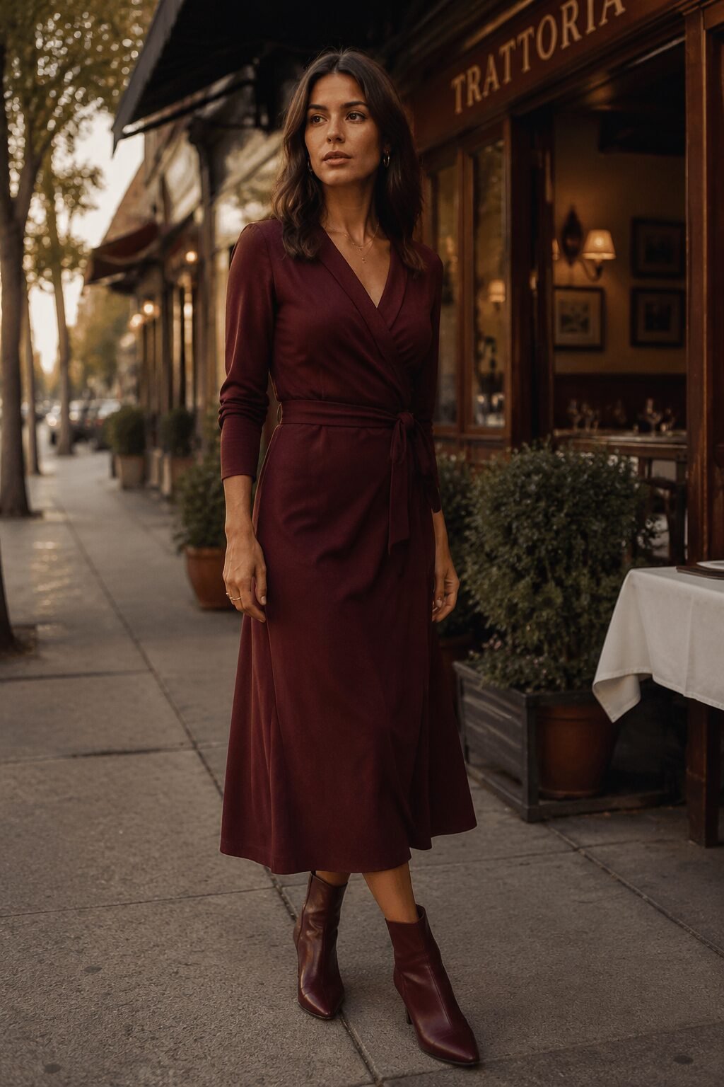 fall capsule wardrobe outfit idea: burgundy wrap dress and ankle boots for a Friday fall date night