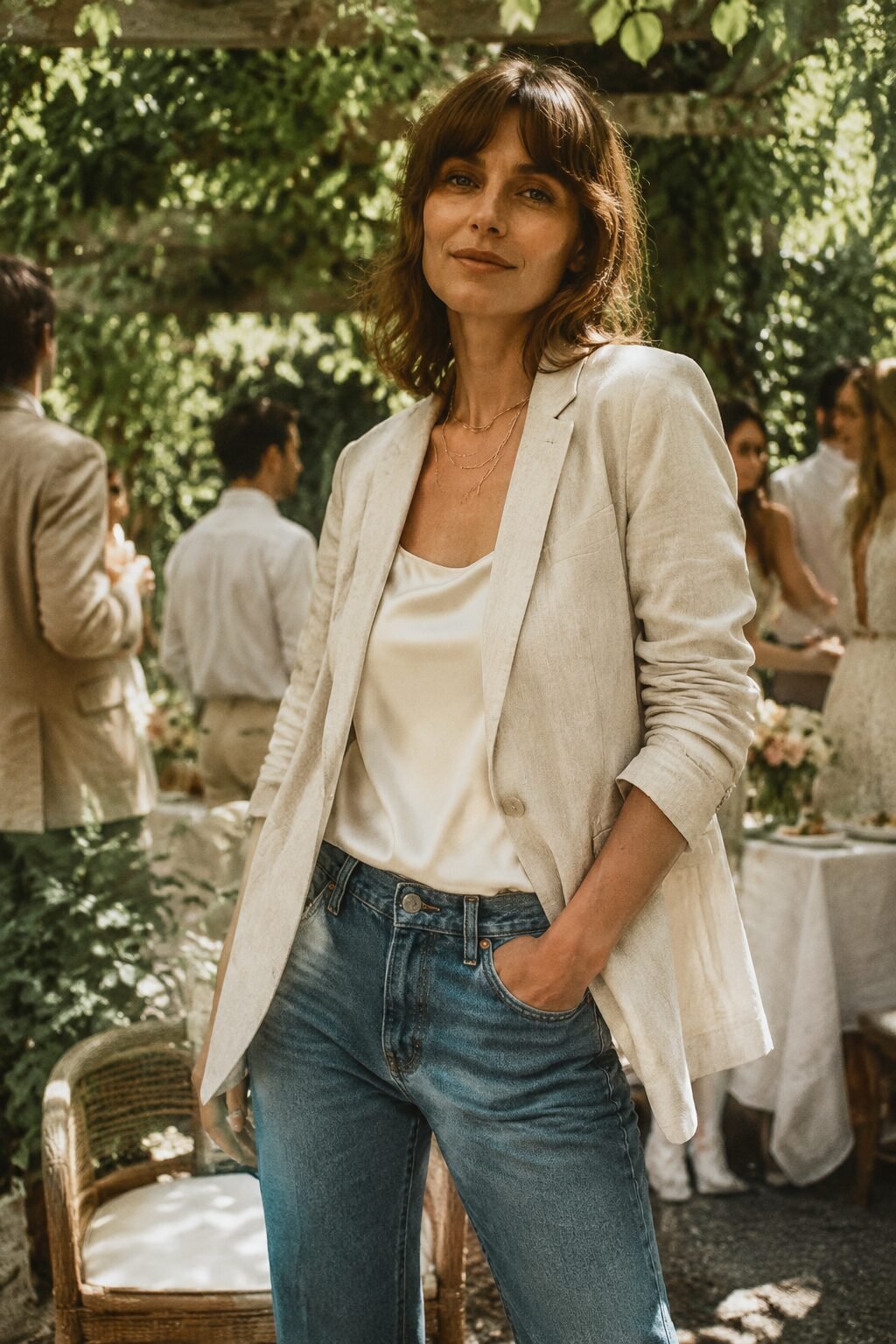 Carolyn Bessette jeans and blazer outfit in cream linen for a garden party: unstructured cream blazer with medium-wash straight-leg jeans