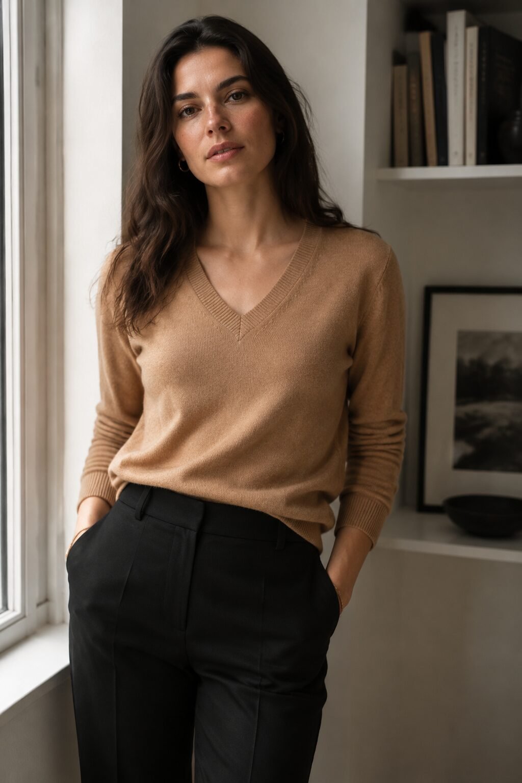 work-from-home black pants outfit: camel cashmere V-neck sweater with high-waisted straight black trousers