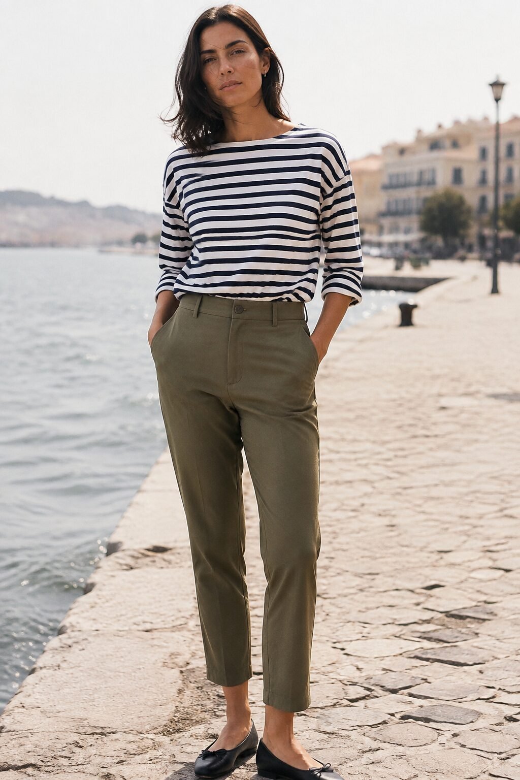 olive cigarette pants and navy striped boatneck top outfit for weekend casual style