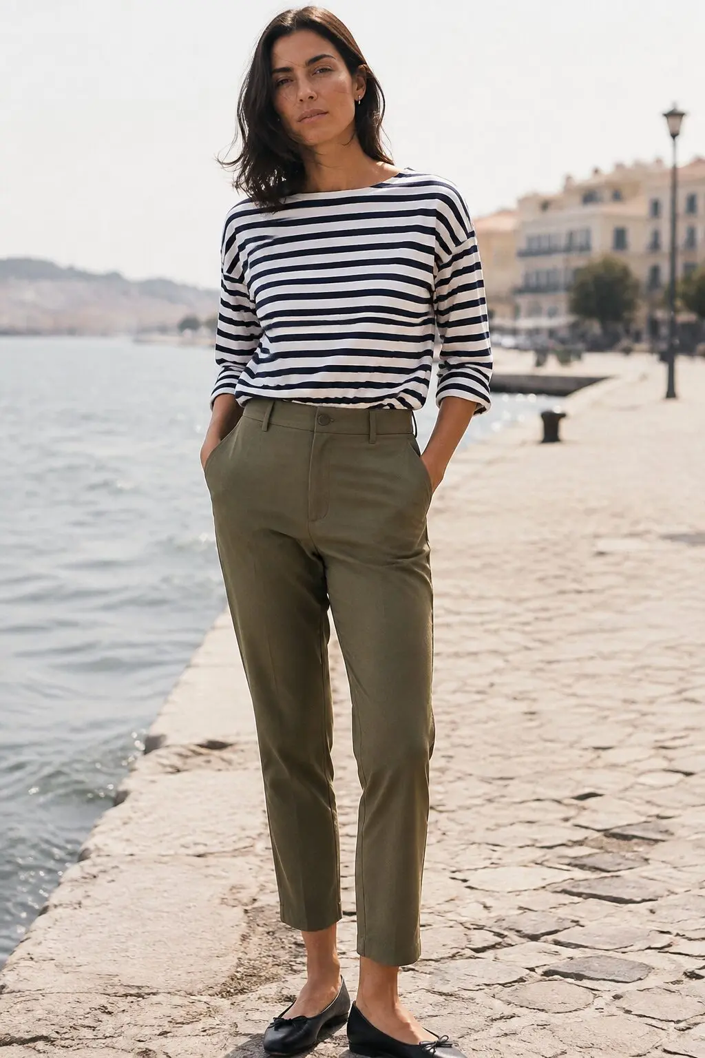 olive cigarette pants and navy striped boatneck top outfit for weekend casual style
