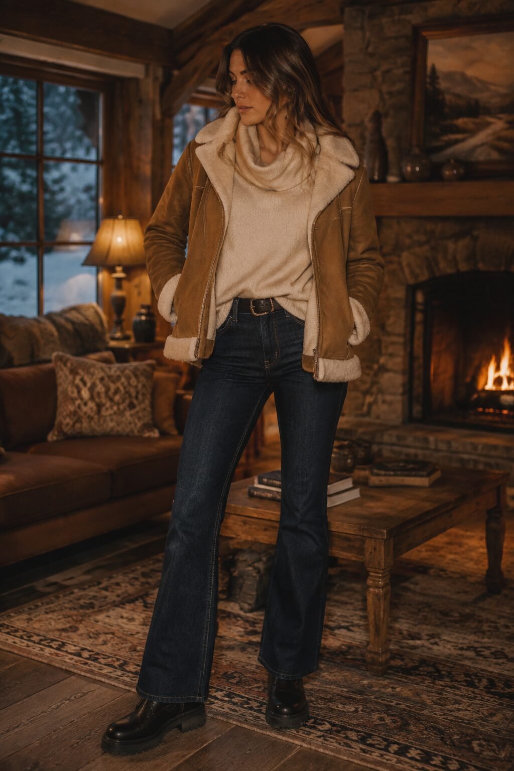 cozy bootcut jeans outfit inspired by Carolyn Bessette Kennedy: cowl-neck sweater, shearling-collar jacket, and combat boots for apres-ski