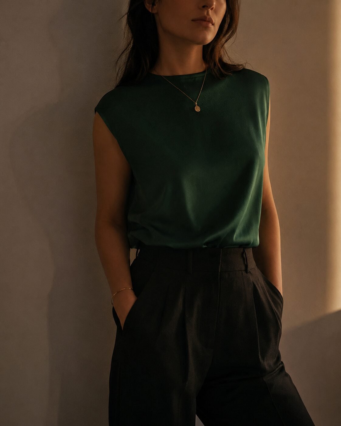 cheap christmas outfit look expensive: single emerald jewel-tone piece with neutral styling