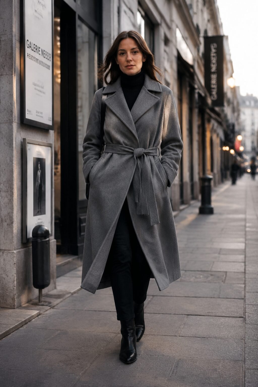 grey wrap coat, black turtleneck, and black jeans, monochrome Carolyn Bessette style outfit