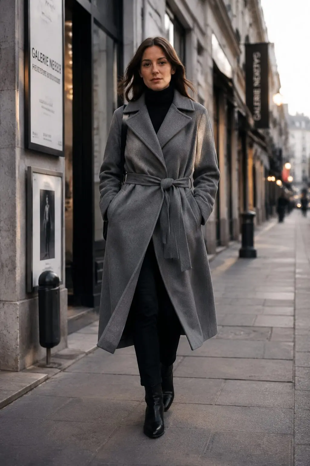 grey wrap coat, black turtleneck, and black jeans, monochrome Carolyn Bessette style outfit