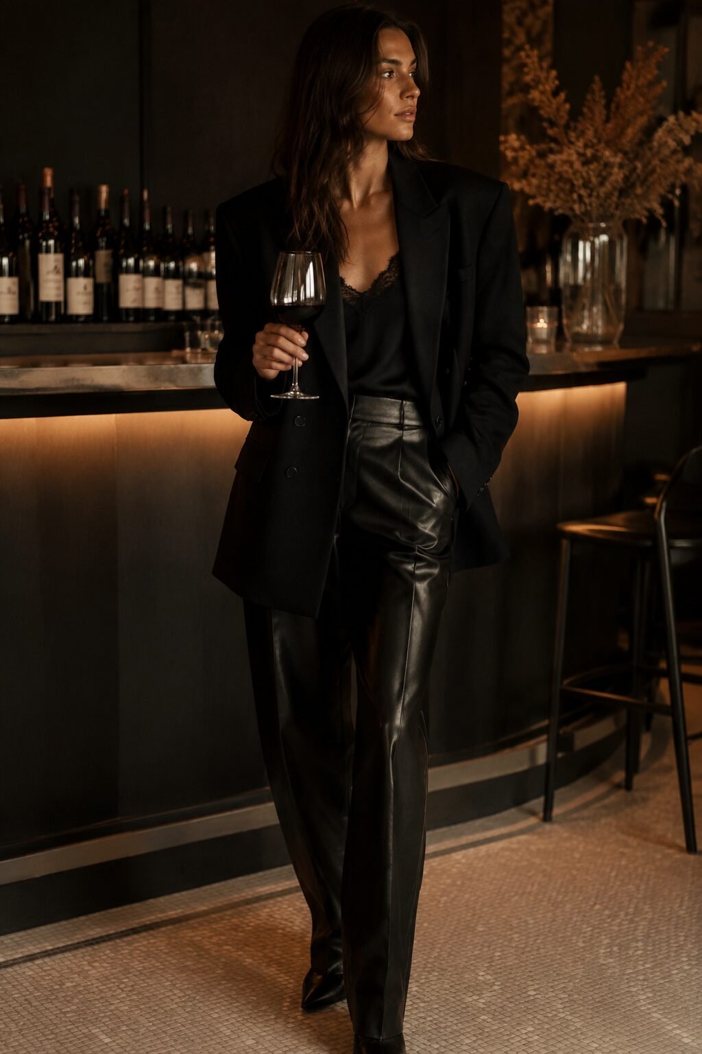 woman in an oversized black blazer over sleek leather trousers and a silk camisole for a date night outfit