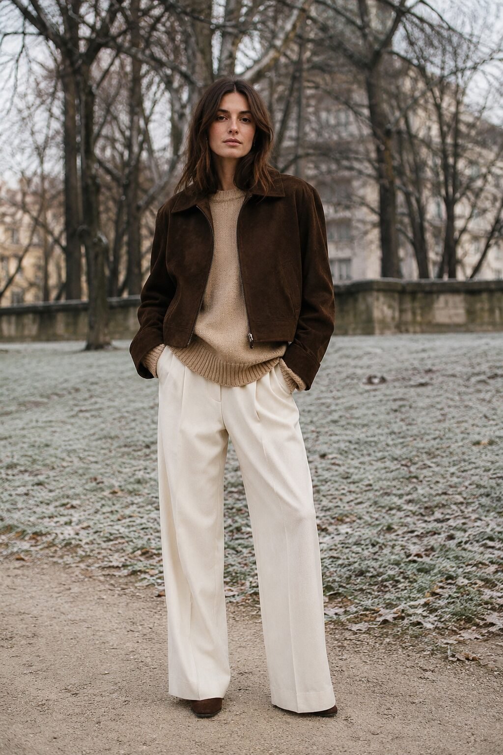 cold-weather suede jacket outfit: chocolate suede jacket layered over a camel cashmere sweater