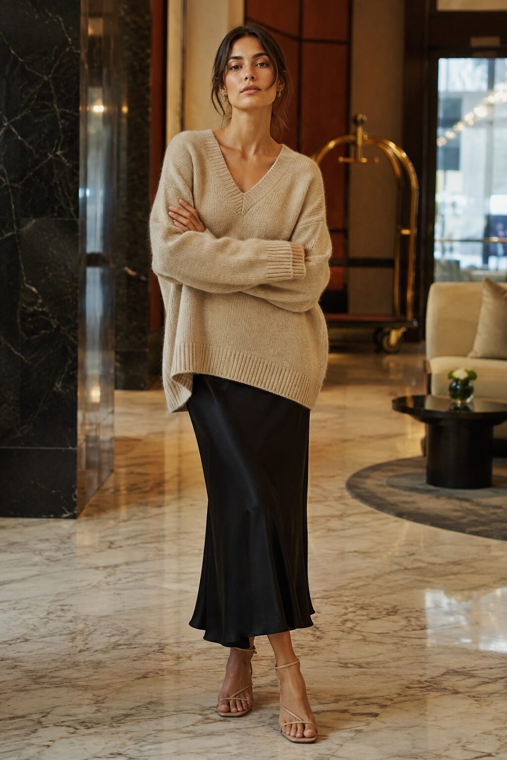 evening sweater outfit: oversized cashmere-wool sweater over a navy silk slip skirt with heeled sandals