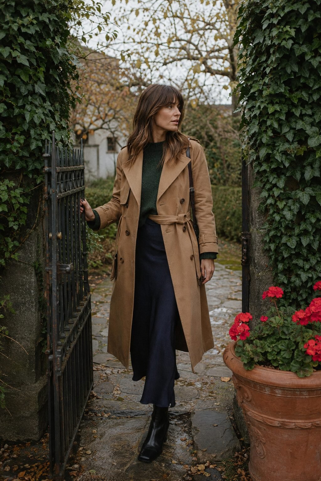 fall capsule wardrobe weekend outfit: camel trench coat over a forest green sweater and navy silk skirt with black ankle boots