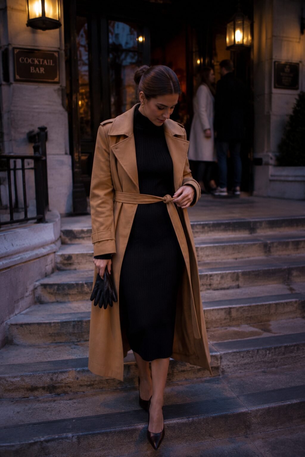 woman wearing a black knit midi dress under an open camel trench coat for a transitional cool-weather Halloween cocktail party outfit
