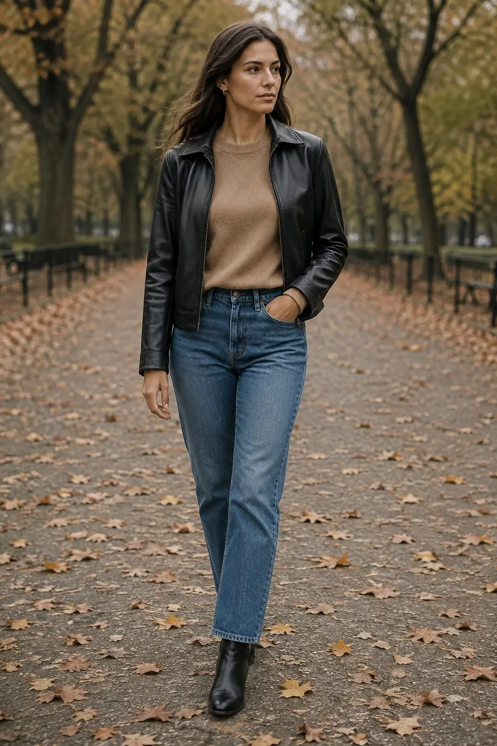 how to style a leather jacket for fall: black leather jacket over a red-and-white striped cashmere sweater and jeans