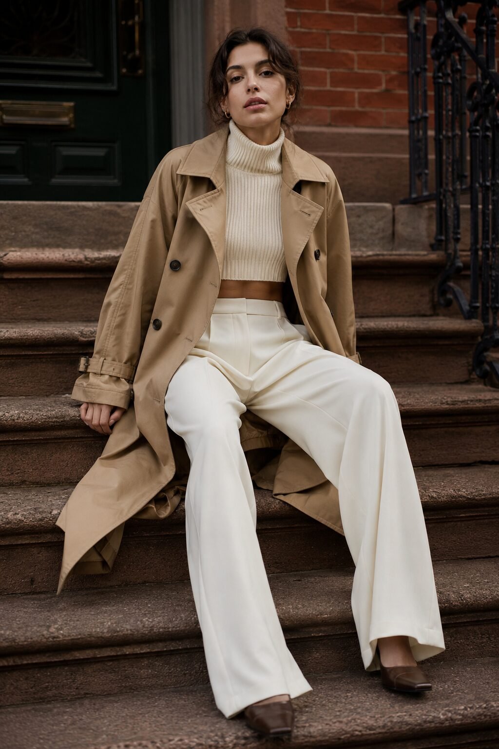 cold-weather trench coat outfit: camel trench coat, taupe turtleneck sweater, and cream wide-leg trousers