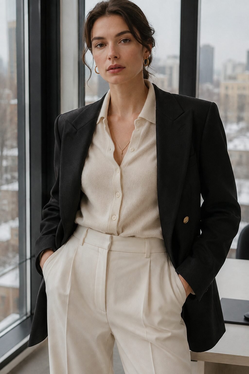 how to style a cardigan with a blazer: heathered taupe cashmere cardigan layered under black tailored blazer, office outfit