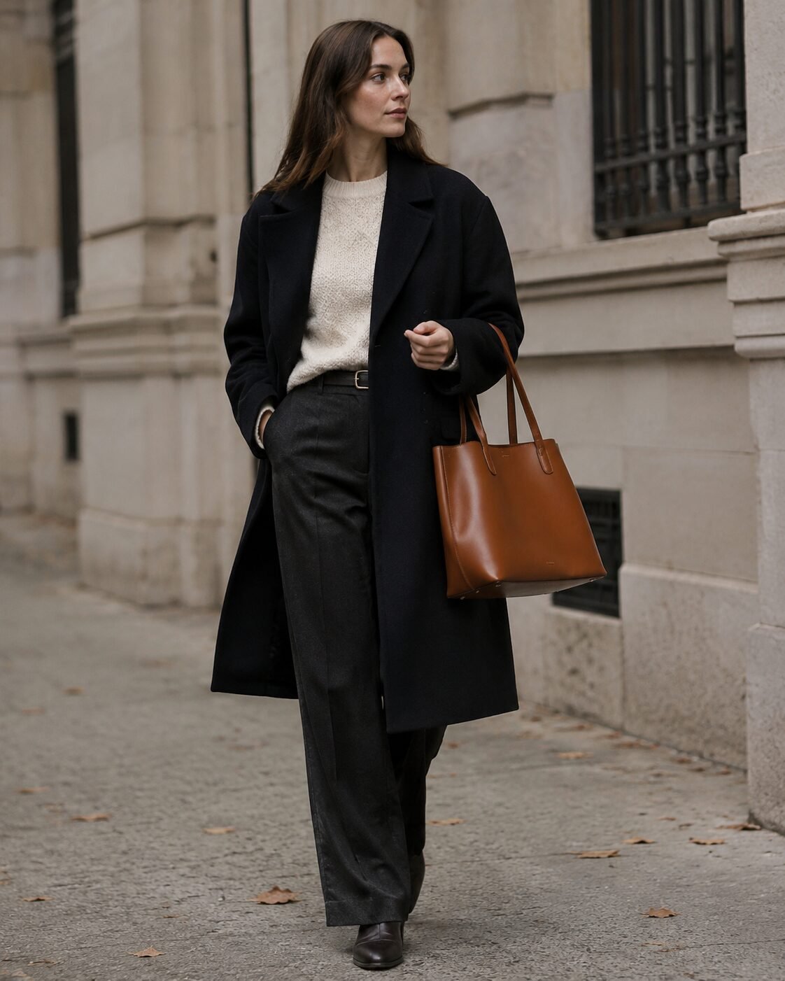 affordable quiet luxury fall outfit: black wool coat and cream knit styled with a structured cognac leather tote bag