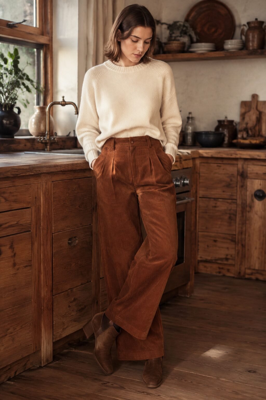 rust brown corduroy wide-leg trouser tucked with an ivory cashmere crewneck sweater, a casual Christmas color trends 2026 holiday outfit