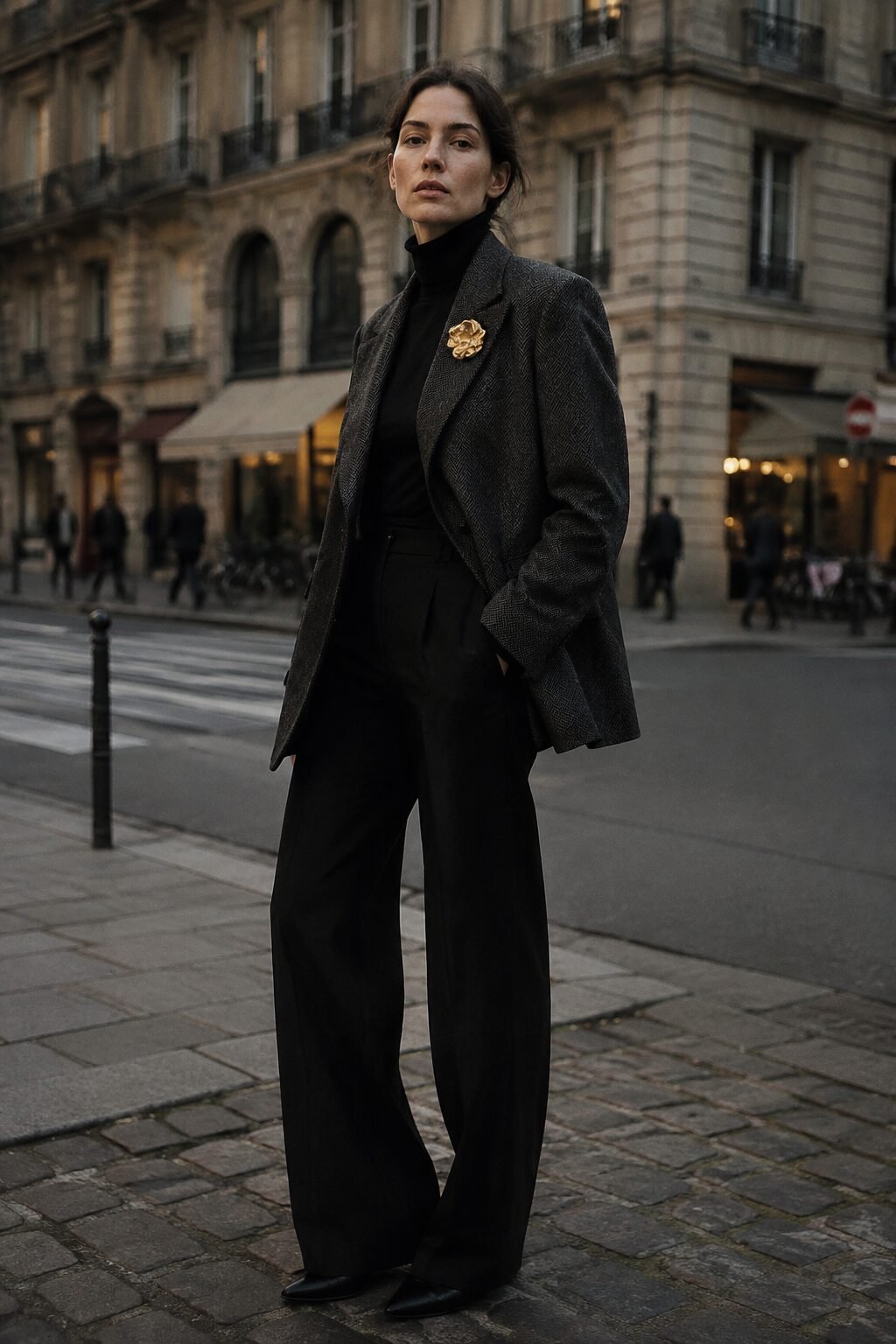 charcoal herringbone blazer with a gold statement brooch pinned high on the lapel, a work to holiday drinks christmas outfit