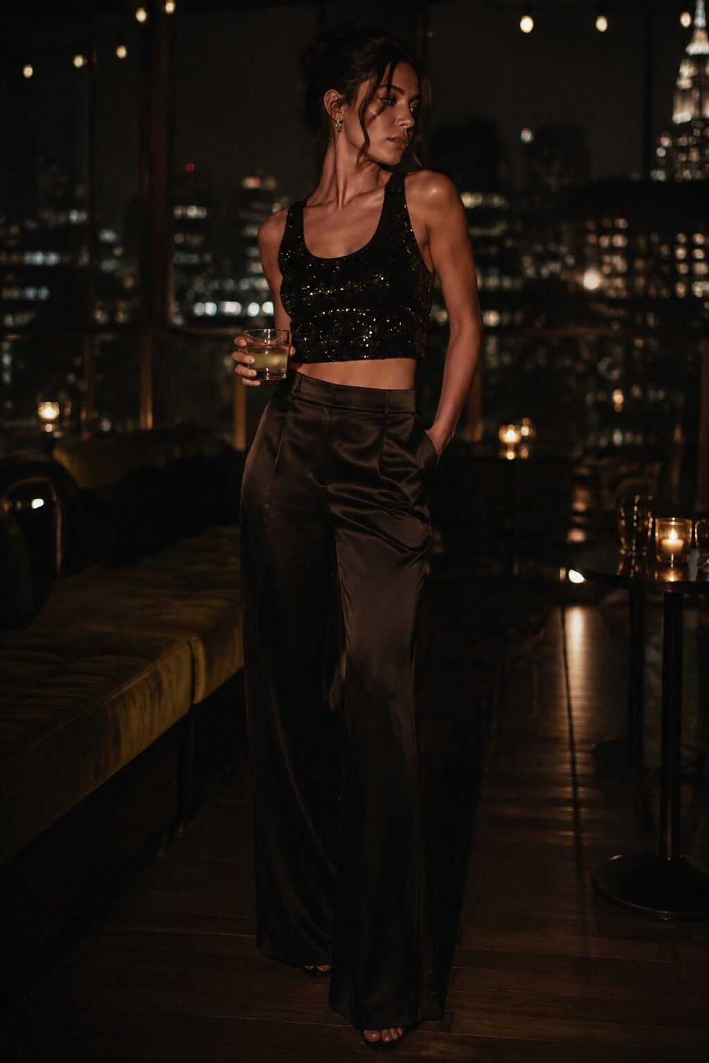 gothic glam holiday outfit: black sequin tank with satin wide-leg trouser for new year's eve