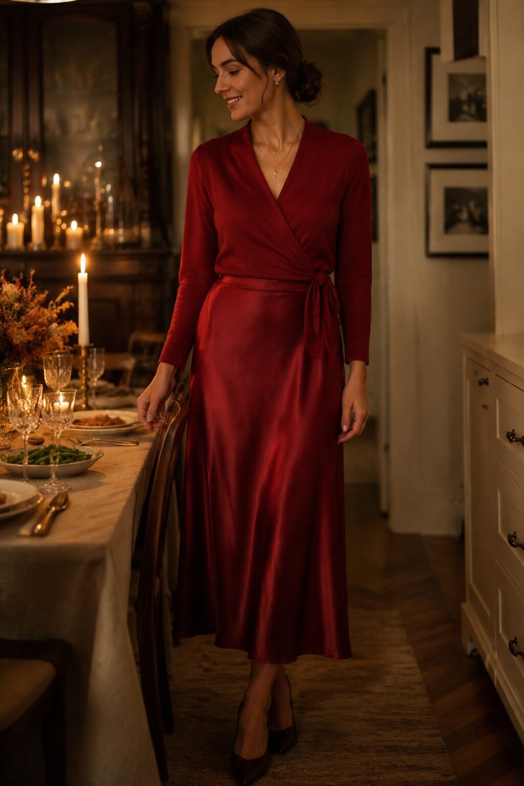 christmas dinner outfit that photographs well: deep red wrap blouse and satin midi skirt