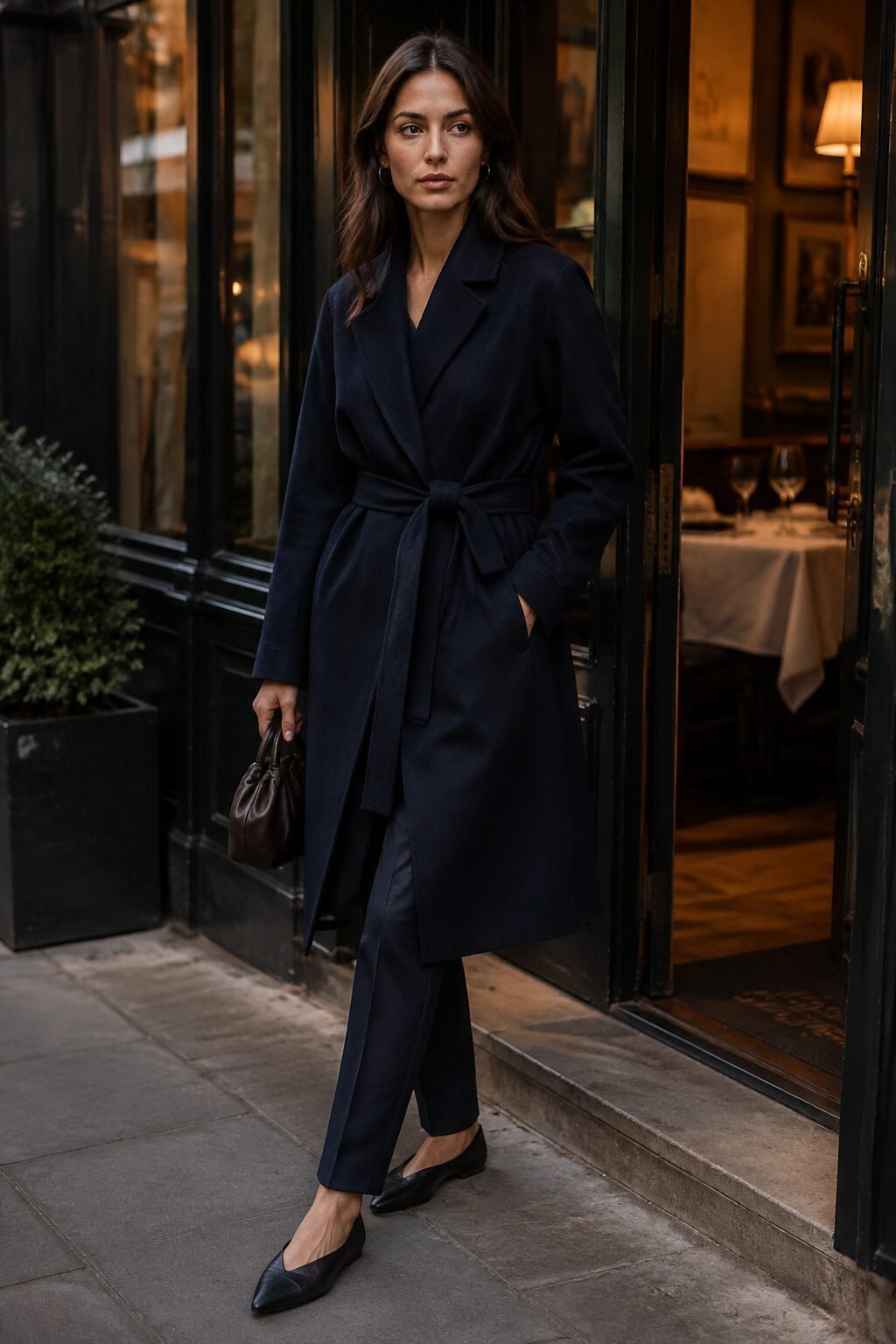carolyn bessette kennedy inspired outfit: navy wrap coat over slim cigarette trousers for evening