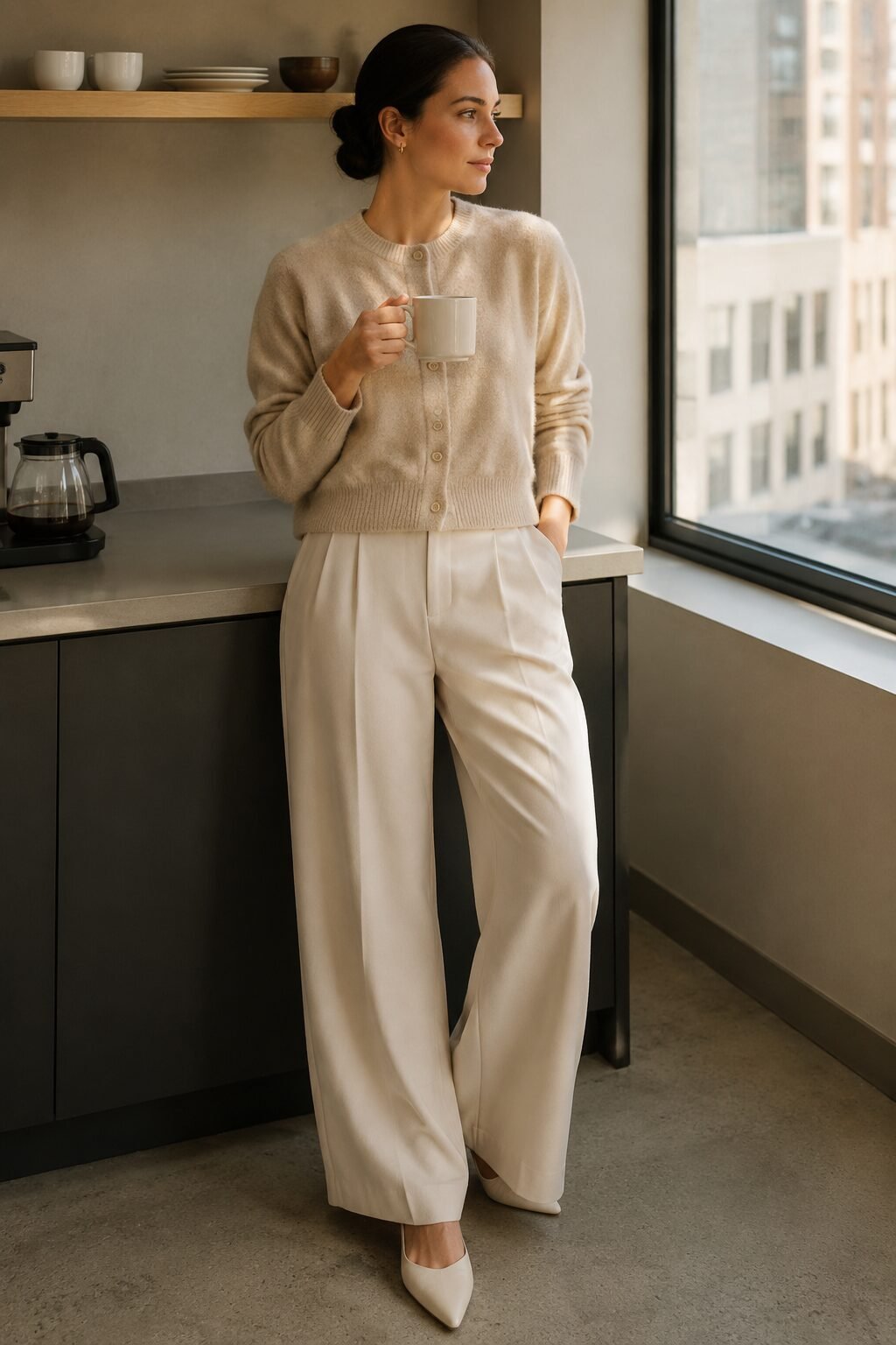 oatmeal cropped cardigan buttoned over a cream wide-leg trouser, a 90s minimalist office outfit