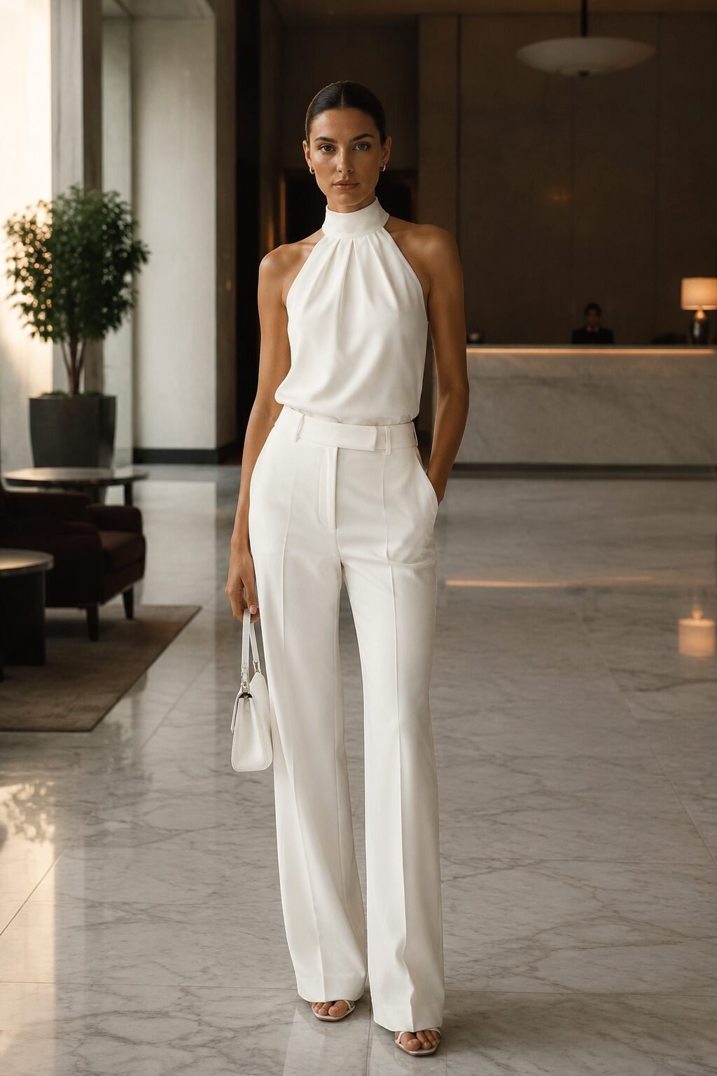 90s style icon outfit inspiration: white halter top and matching straight trousers for evening minimalism