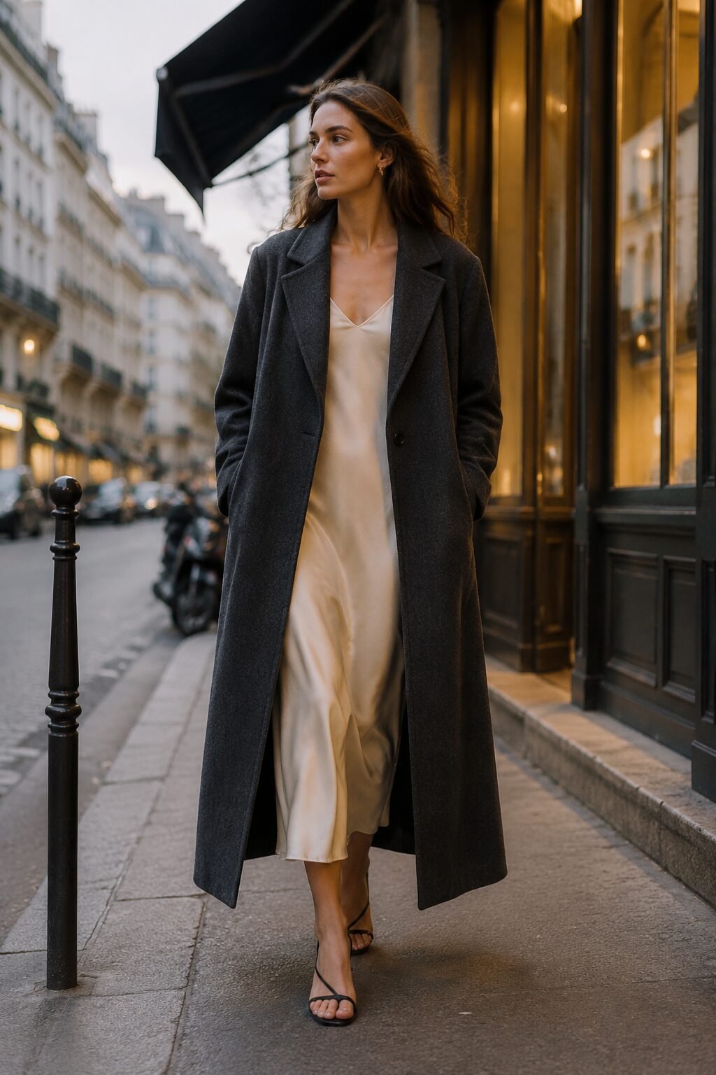 carolyn bessette style evening outfit: ivory slip dress under a floor-length charcoal wool coat