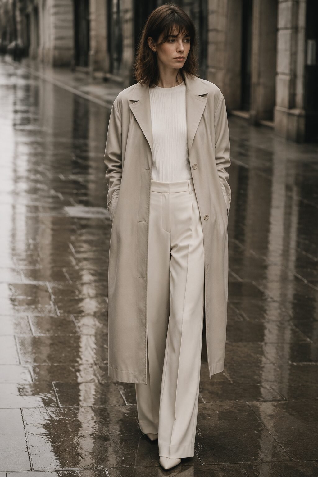 woman in a 90s minimalist outfit wearing an unbelted stone trench coat over a white slim knit top
