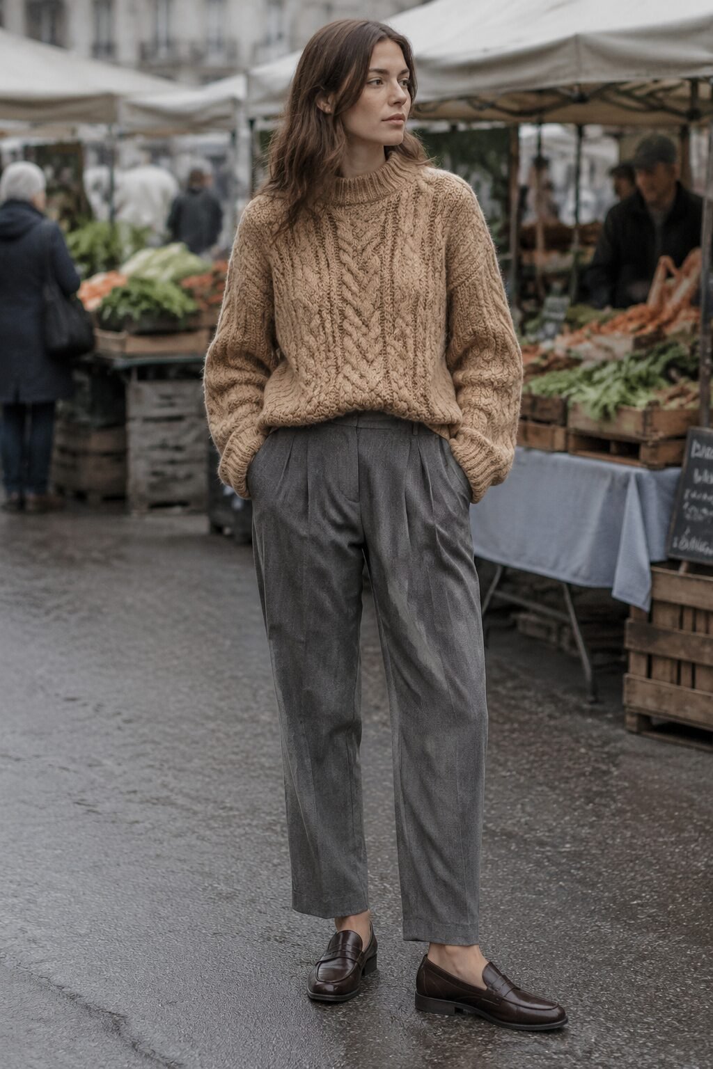 camel cable-knit sweater and pleated grey wool trouser weekend outfit in the carolyn bessette kennedy aesthetic