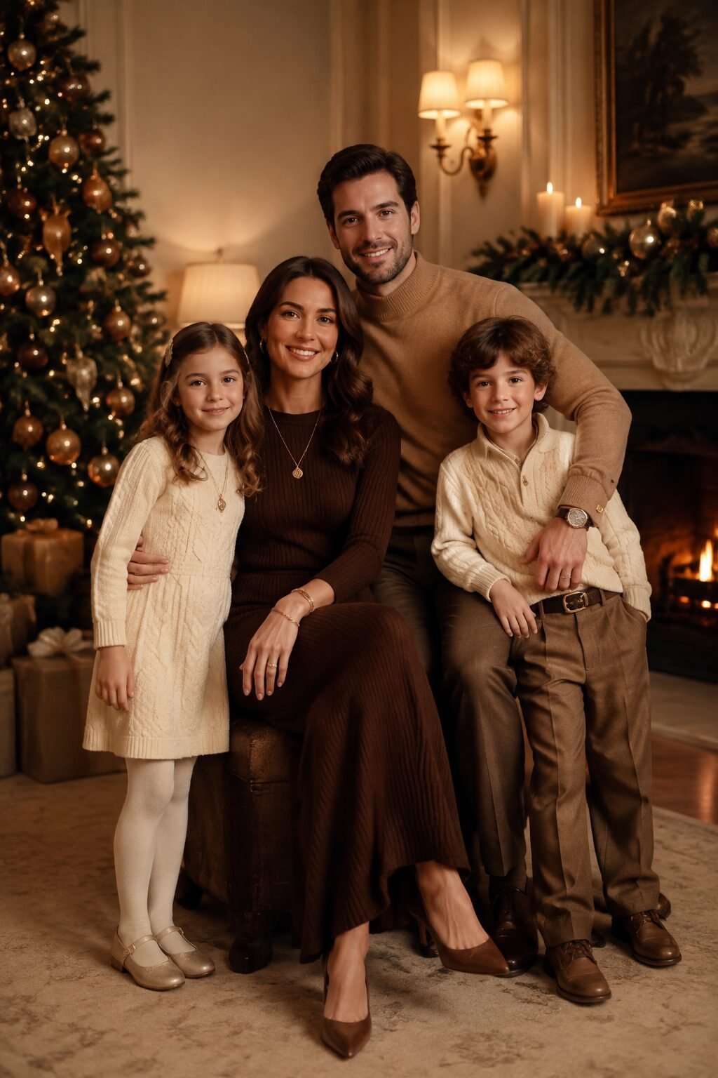 coordinated family christmas outfit idea with gold and brass accents: mother in a chocolate-brown knit dress