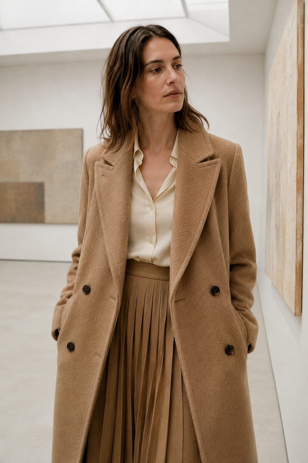 tonal camel wool coat and camel pleated midi skirt with ivory silk blouse, fall capsule wardrobe outfit