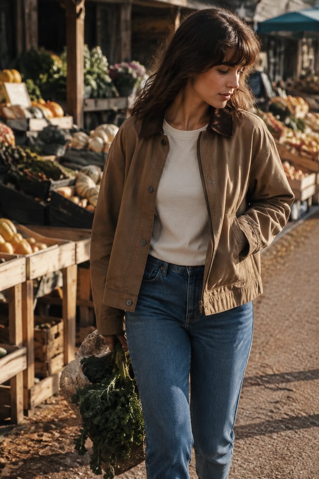 fall capsule wardrobe outfit idea: taupe utility jacket, tee, and jeans for a Saturday farmers market outfit