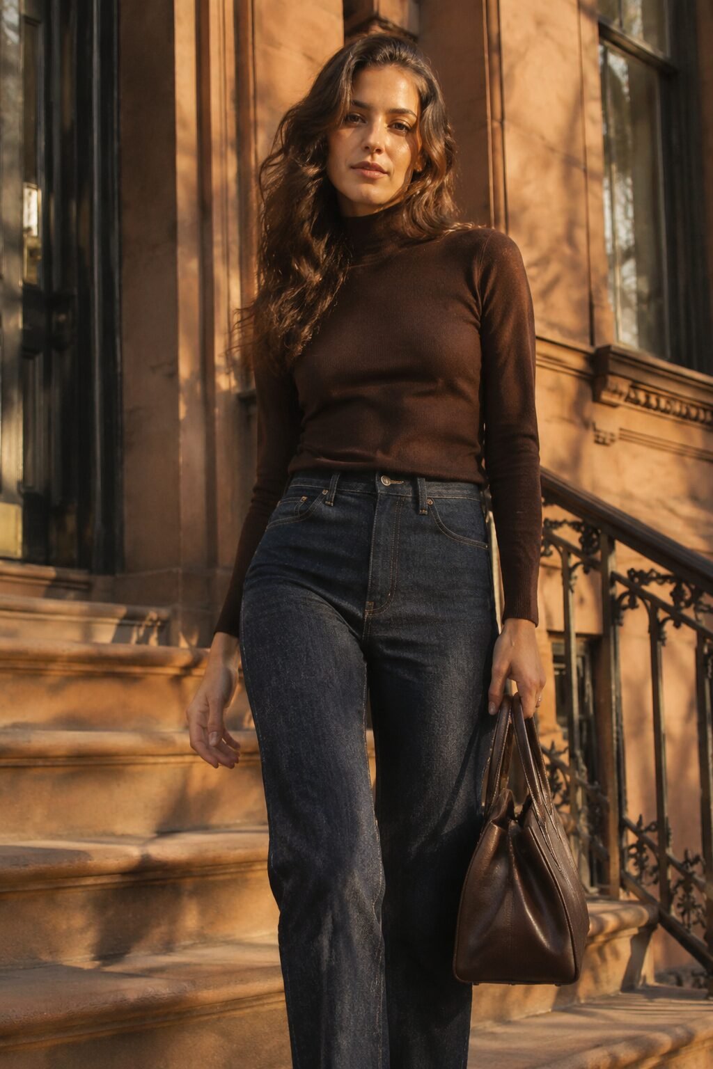 Polished denim outfit: dark indigo straight-leg jeans with a chocolate brown fitted mock-neck sweater for family dinner