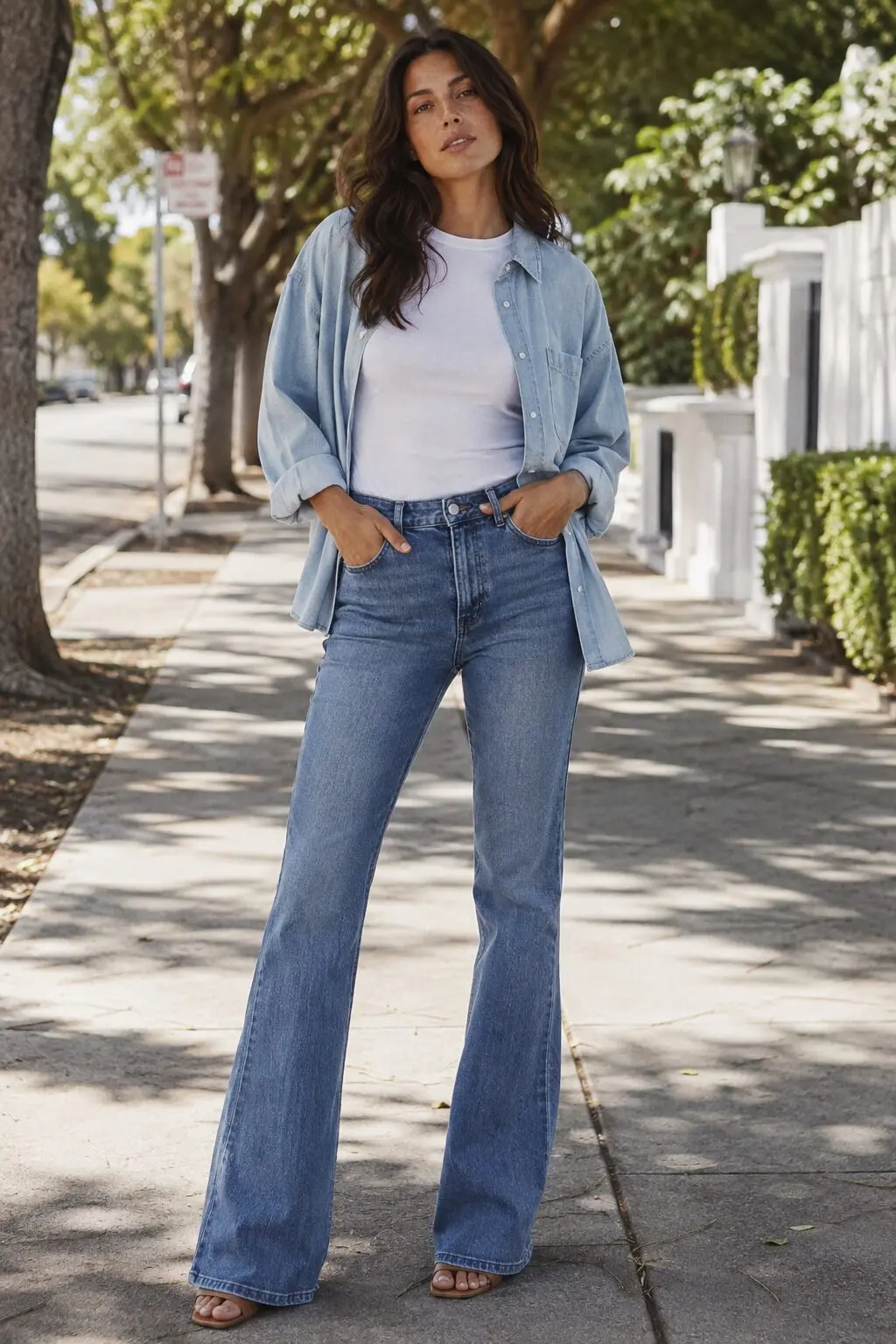denim on denim bootcut jeans outfit: light chambray shirt, white tee, and mid-wash bootcut jean