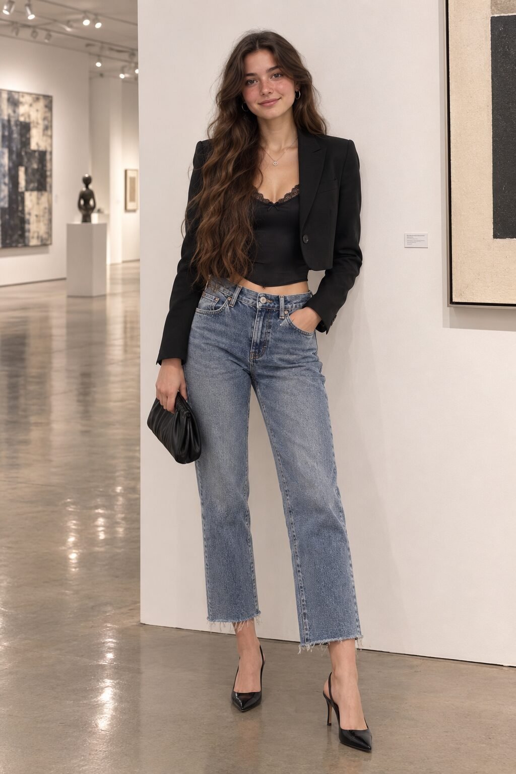 gallery-opening denim and blazer outfit: cropped black blazer with raw-hem straight-leg jeans and a silk bodysuit