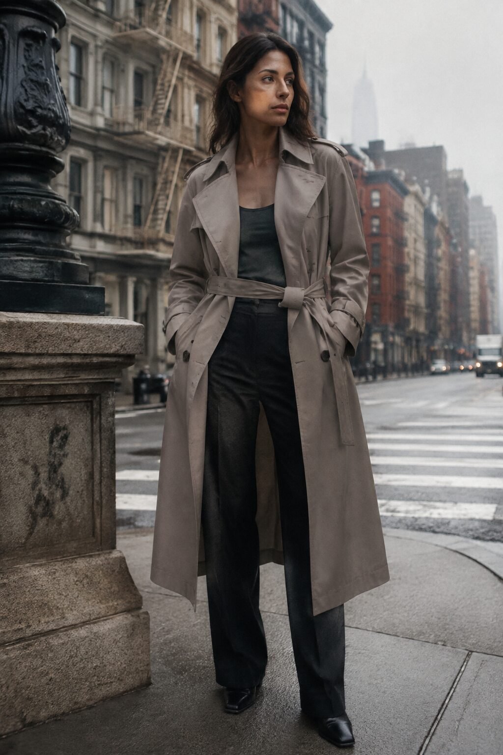 transitional weather black pants outfit: belted stone trench over a black tank and straight-leg black trousers