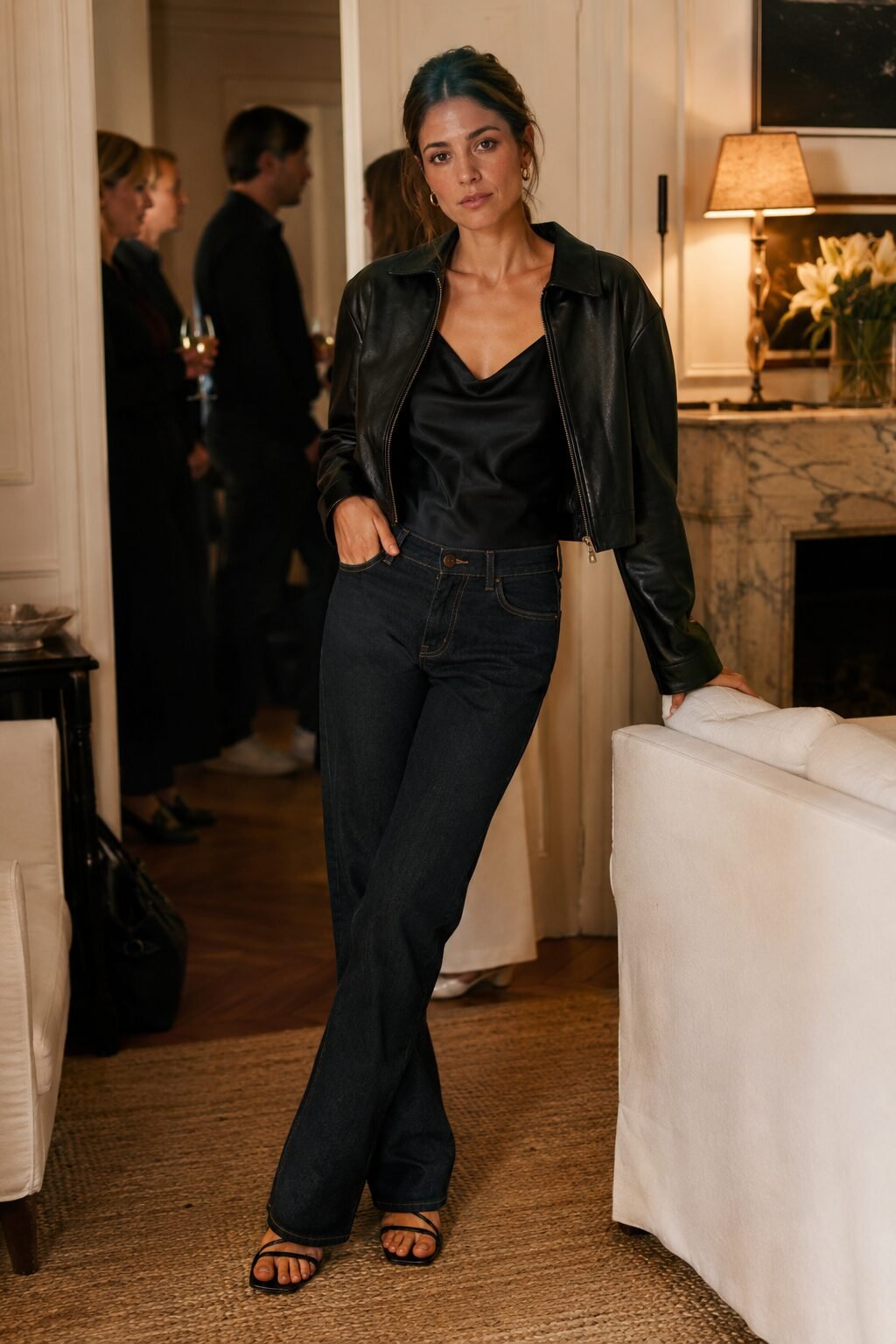 black bootcut jeans cocktail outfit inspired by Carolyn Bessette Kennedy: satin camisole, cropped leather bomber, and strappy sandals