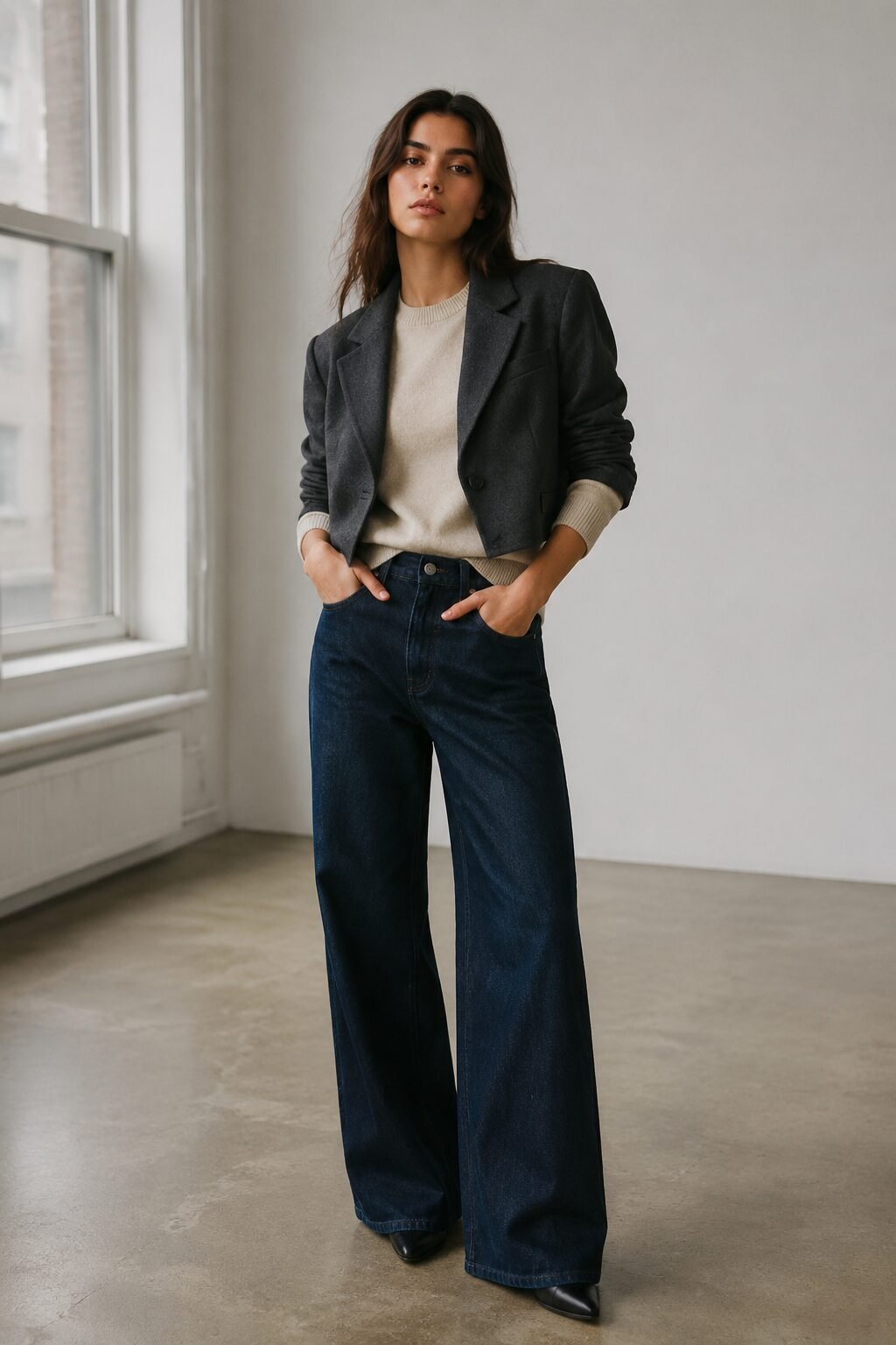 woman layering a charcoal blazer over an oatmeal cashmere sweater and wide-leg jeans for a cold-weather outfit