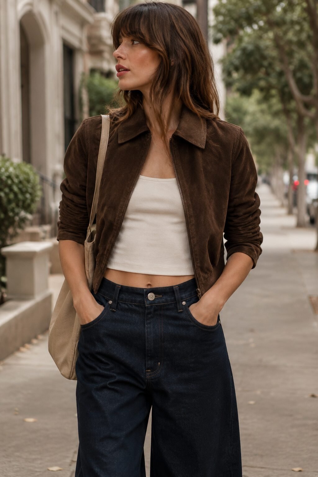 how to style a suede jacket with wide-leg pants: chocolate suede jacket and dark wash wide-leg jeans
