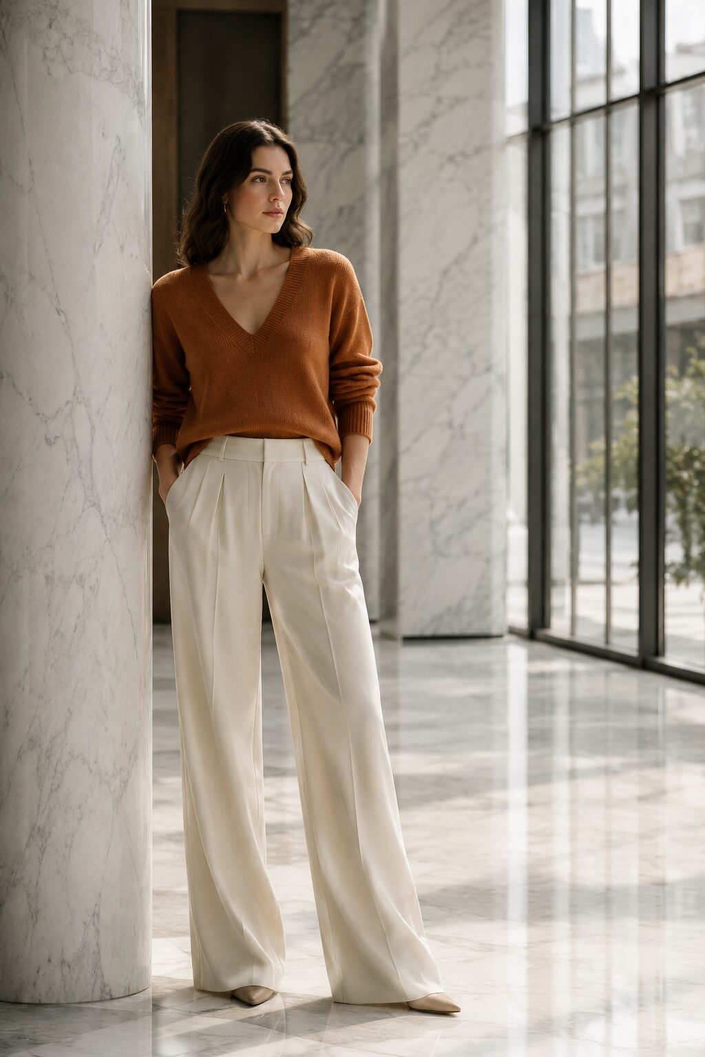 how to style a sweater with wide-leg pants: olive v-neck sweater tucked into cream wide-leg trousers