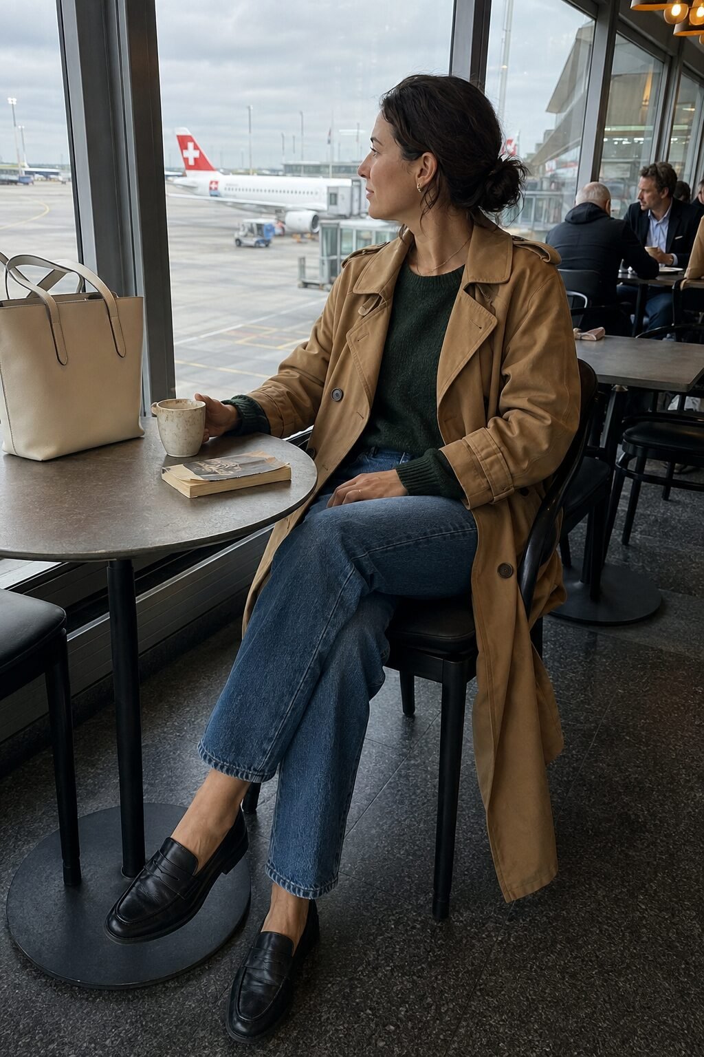 fall capsule wardrobe travel outfit: camel trench coat over a forest green sweater and straight-leg jeans with black loafers and an ivory tote