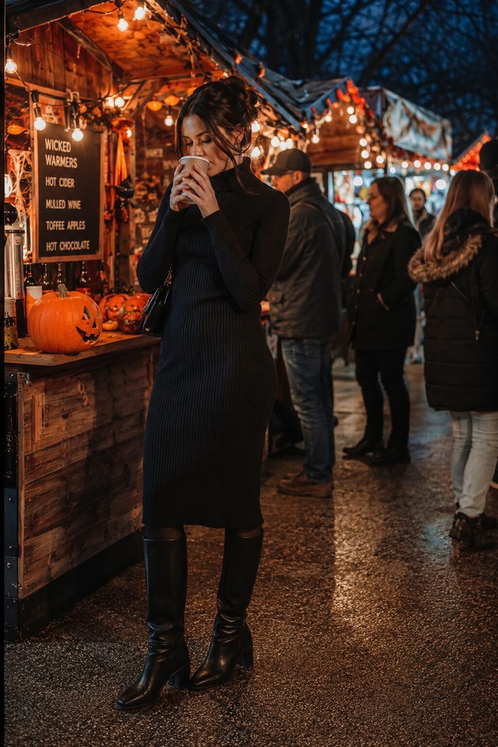 woman wearing a black knit midi dress with opaque black tights and knee-high boots for a cold-weather outdoor Halloween event outfit