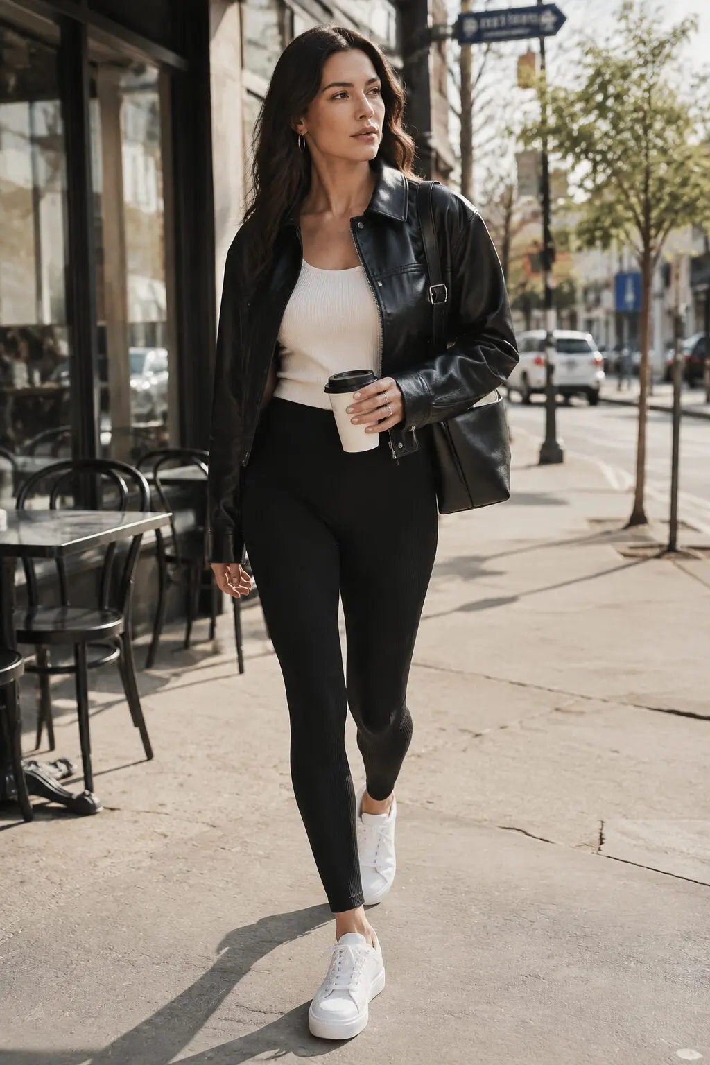 how to style a leather jacket with leggings: black cropped leather jacket over black leggings and a white tank